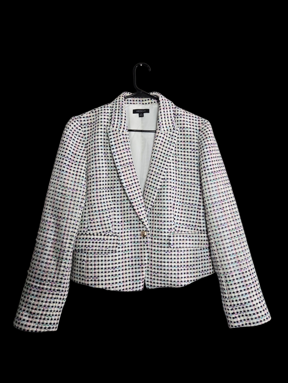Ann Taylor Tweed Boucle Blazer White Pastel Rainbow Fleck Gold Tone Button 8
